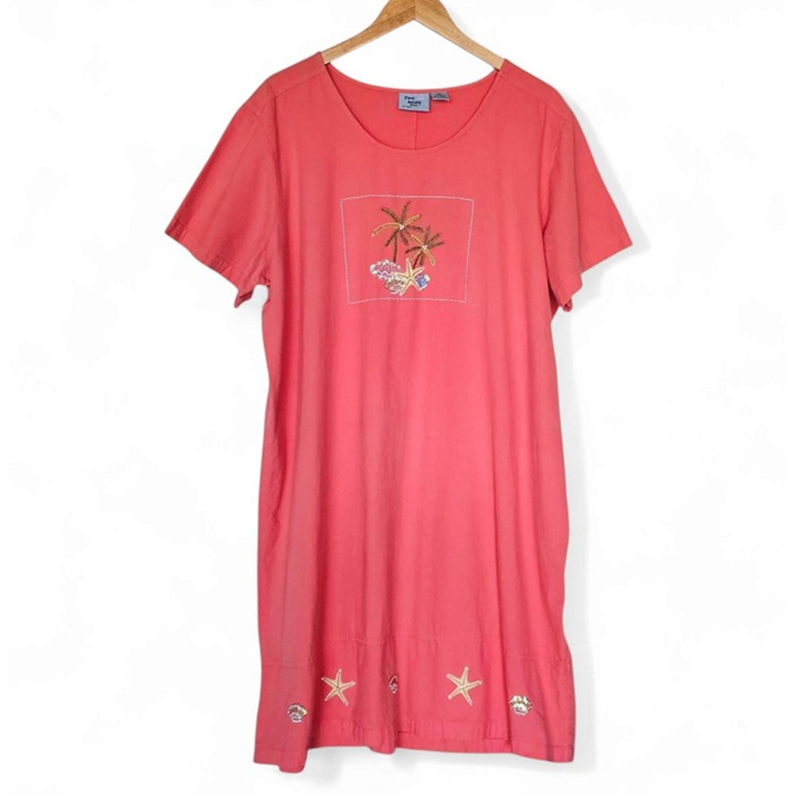 Vintage Jane Ashley Dress 2X Beachy Coastal Embroidery Beaded Shell Starfish 90s
