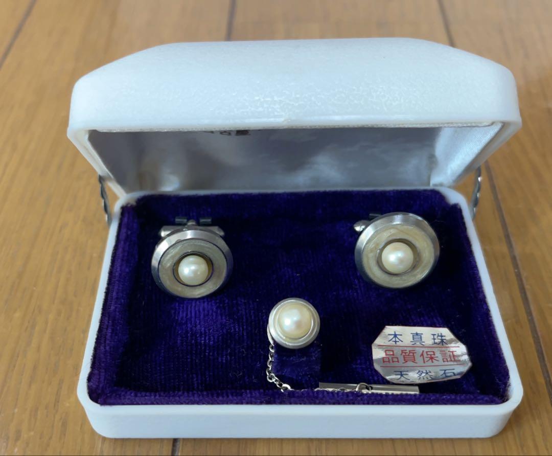 Genuine Pearl and Natural Stone Tie Pin and Cufflinks Set