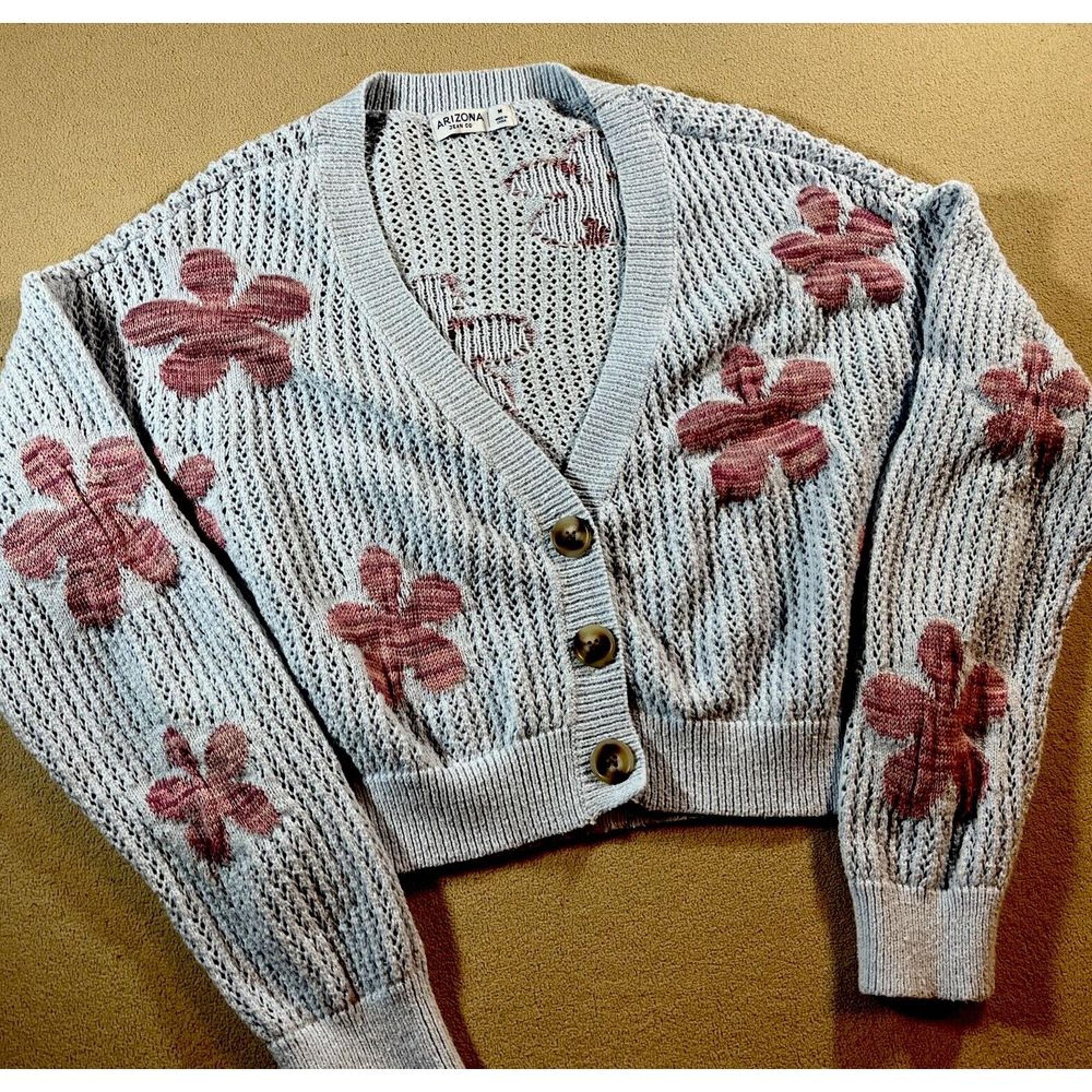Arizona Jean Co Sweater Women's Size M Oversized Open Cardigan Blue Pink Flowers - Arizona Jean Company