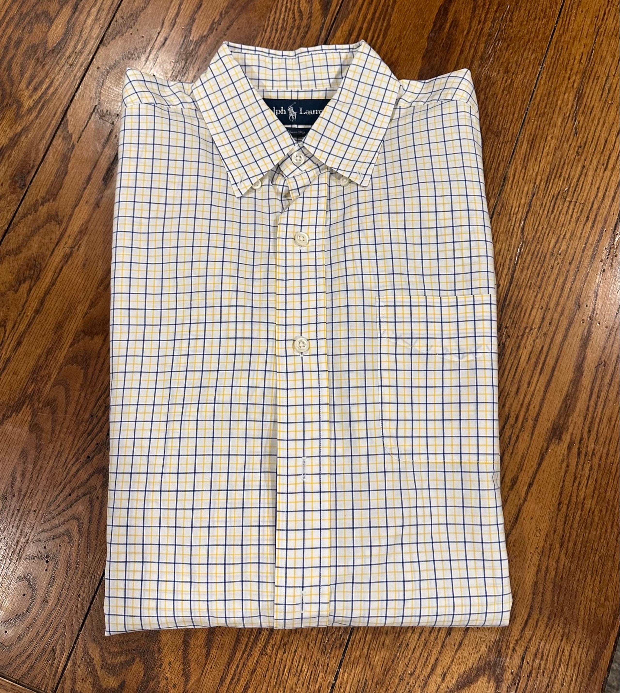 RALPH LAUREN Button Down Shirt Mens M 15 Checkered Classic Fit White Yellow Blue