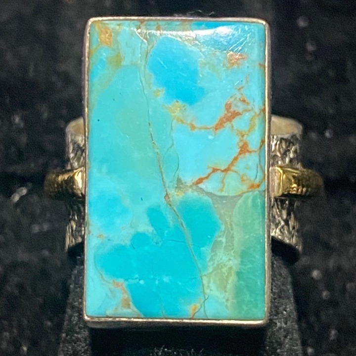 Ring Turquoise Size 6 20mm x 12mm Sterling Silver Stamped 925 Gold-Tone Accent R