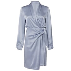 Nanushka Siwa Satin Long Sleeve Tie Wrap Mini Dress in Ice Blue Size Medium
