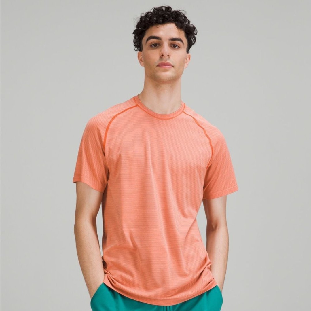 Lululemon Metal Vent Tech Short Sleeve 2.0 Spandex Stripe Warm Coral Raw Linen