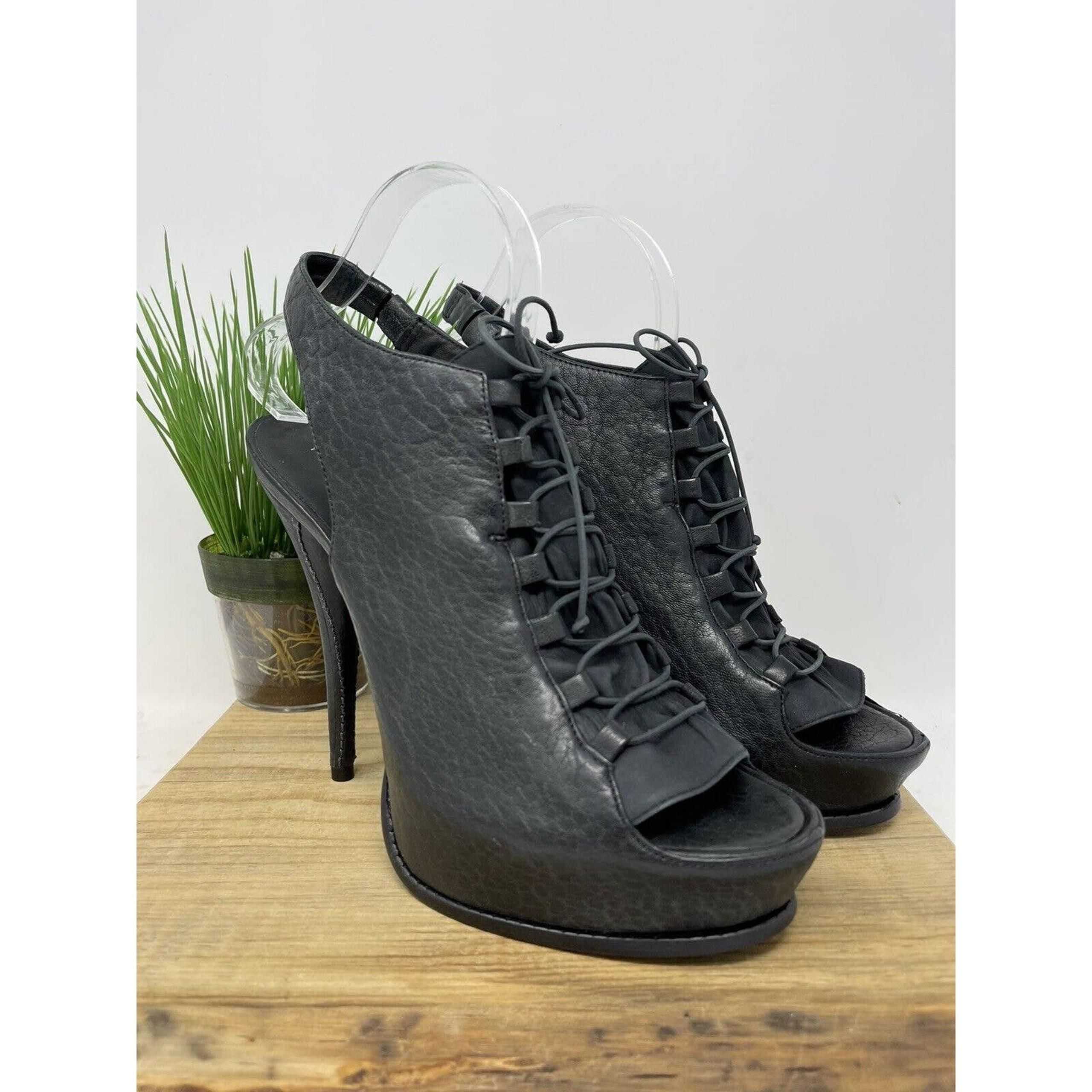 Elizabeth and James Lace Up Black Leather Heels~Peep Toe Size 10B