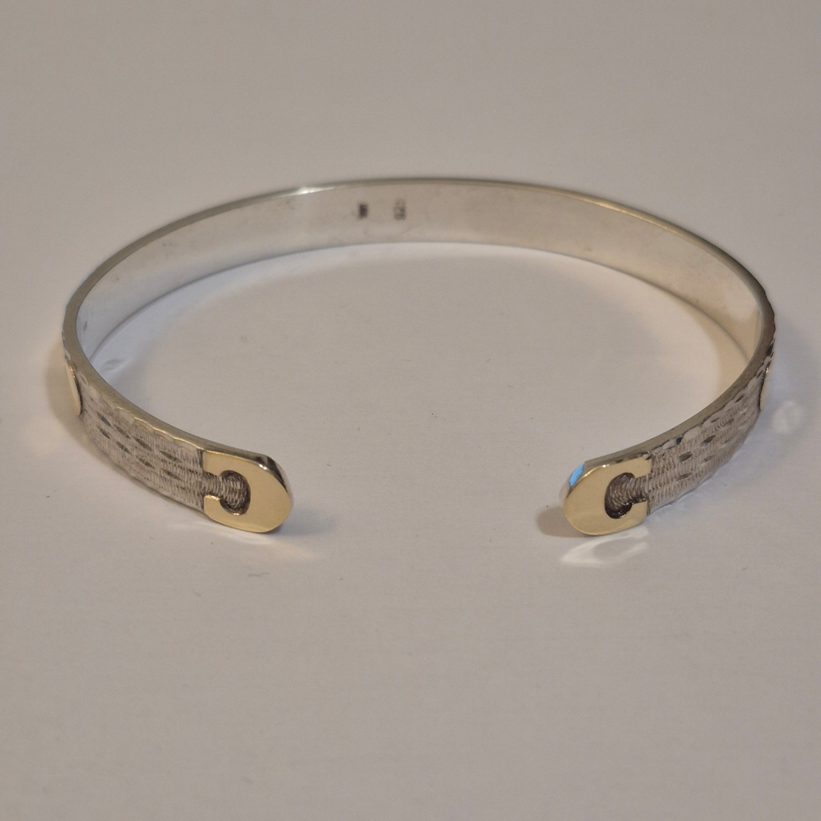 925 Sterling Silver & 18K Gold Cuff Bracelet Textured Screw & C Shape Accents