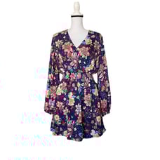 New Haute Hippie Silk Split Back Wrap Mini Dress Navy Floral Sz M Long Sleeve