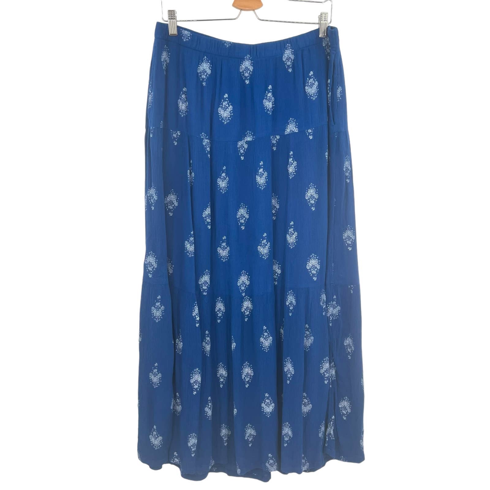 Garnet Hill Blue Paisley Floral Printed Long Maxi Skirt Size Medium