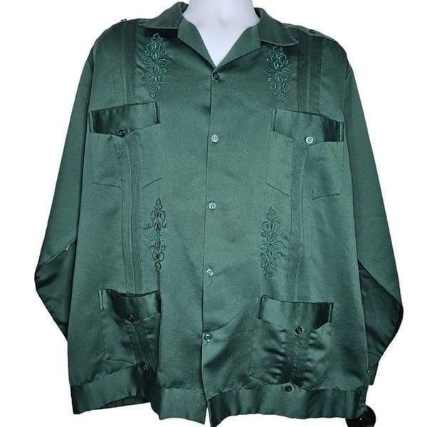 Vintage Shirt Guayabera Wedding Mens Size 42 Forest Green Embroidered