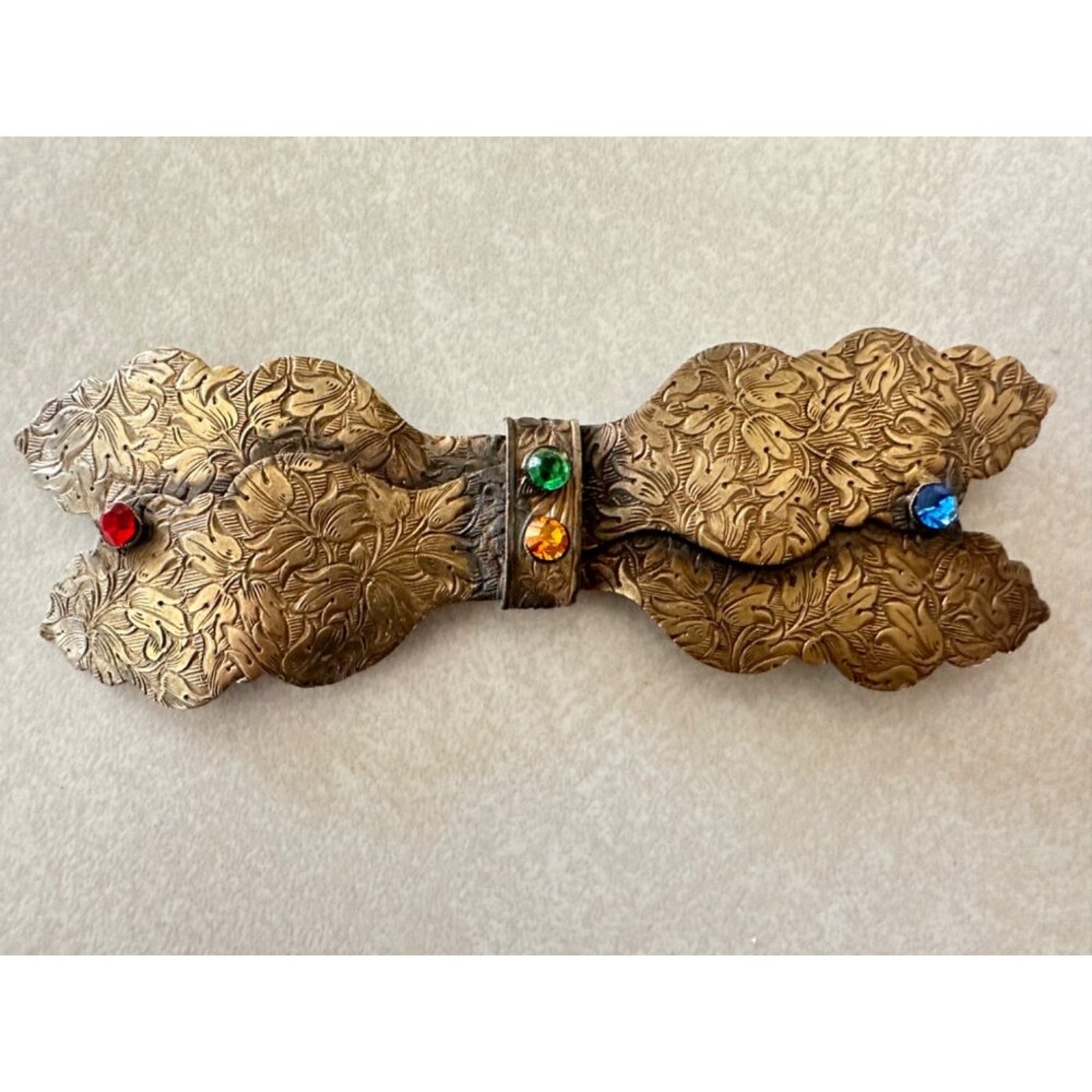 Antique Art Deco gold tone multicolor rhinestones intricate engraved belt buckle