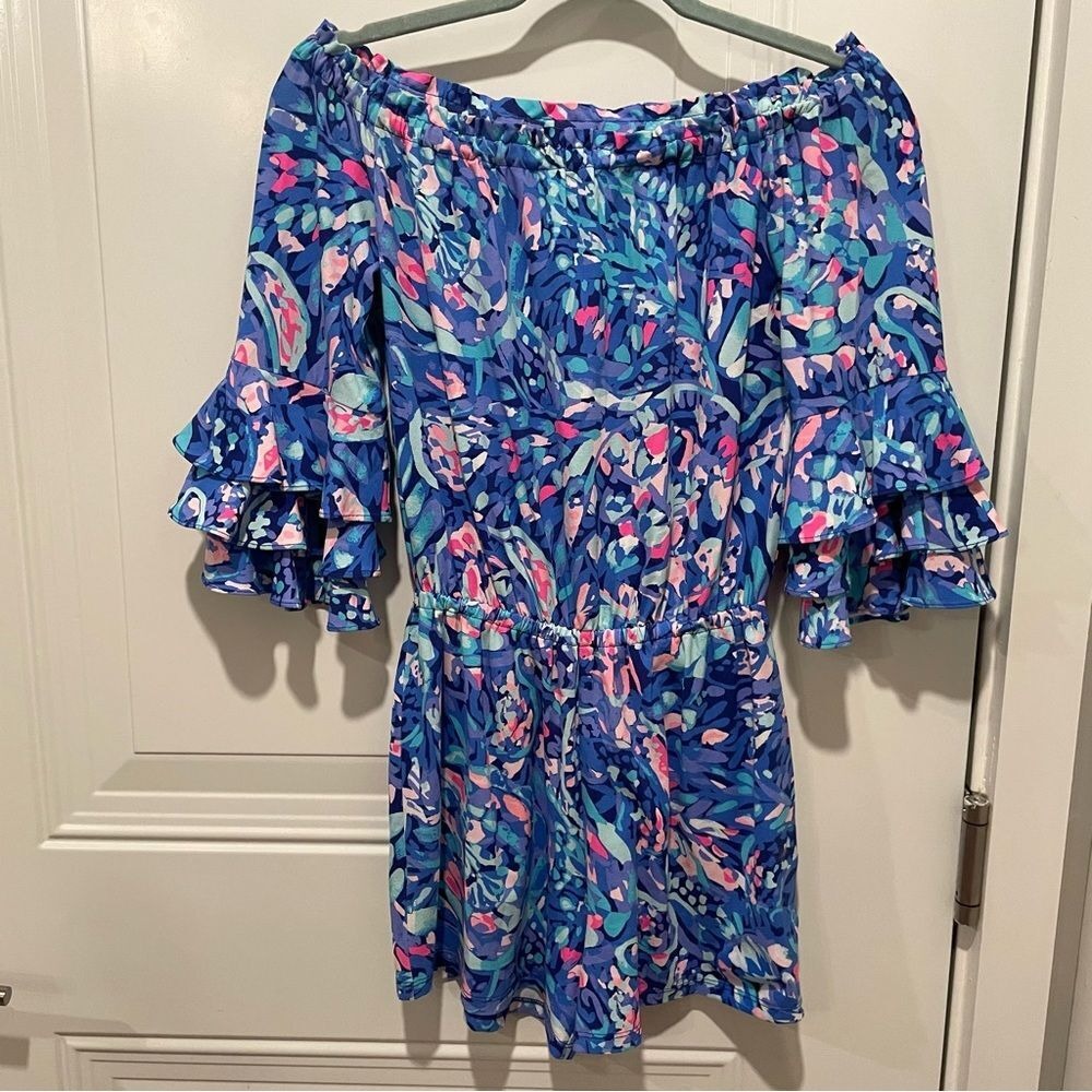 Lilly Pulitzer Blue and Pink Off-Shoulder Romper • XXS