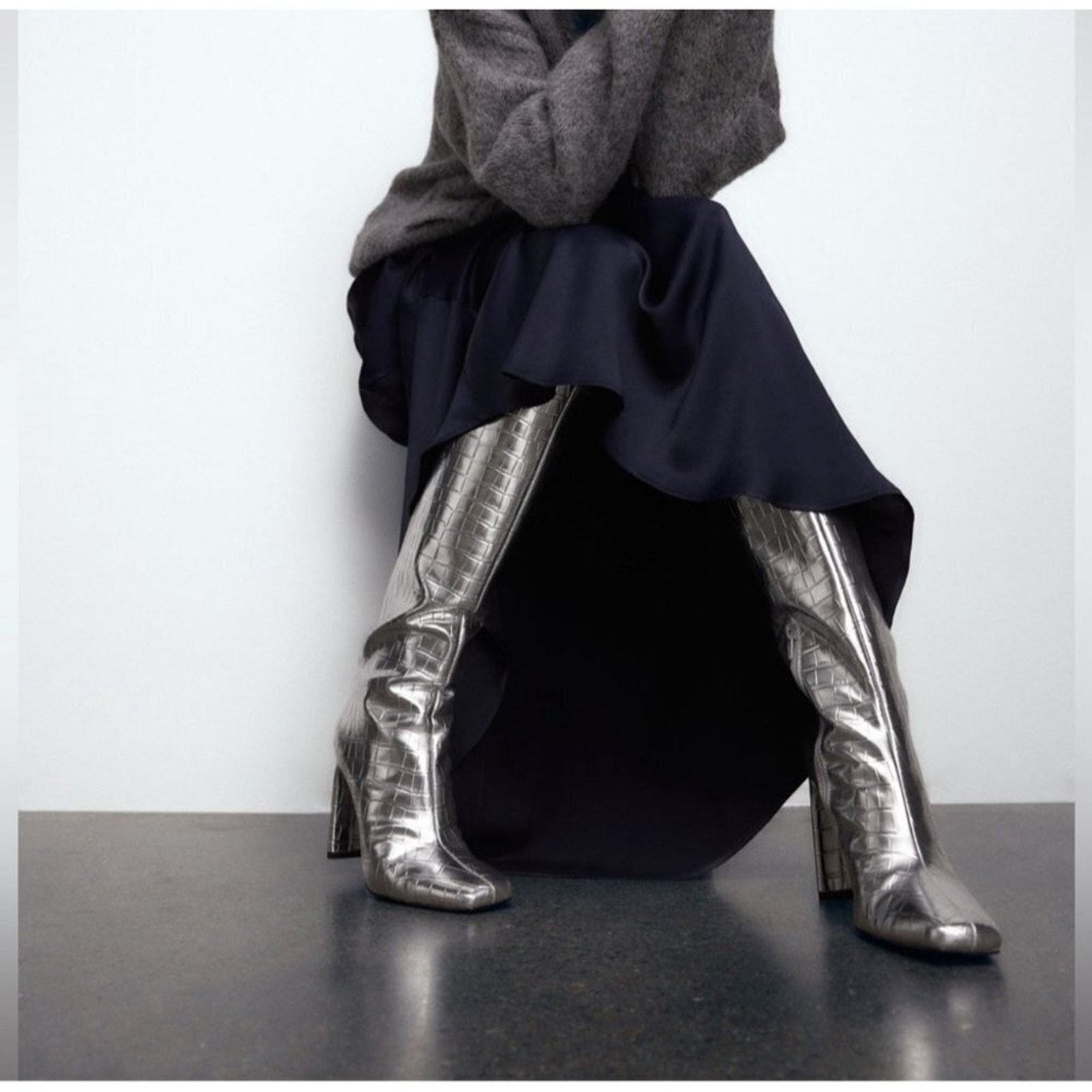 ZARA new women high heel square toe metallic silver cybercore boots 37 us 7