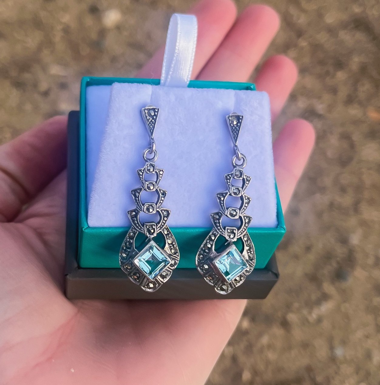 Estate Vintage Sterling Silver Blue Topaz Dangle Drop Earrings 925