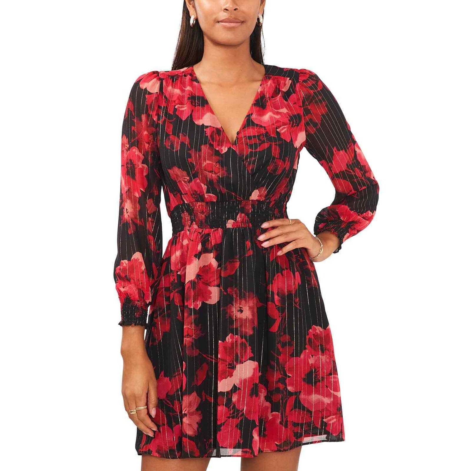 MSK Women's Petite Black Floral Print Smocked-Waist Dress - L - Black