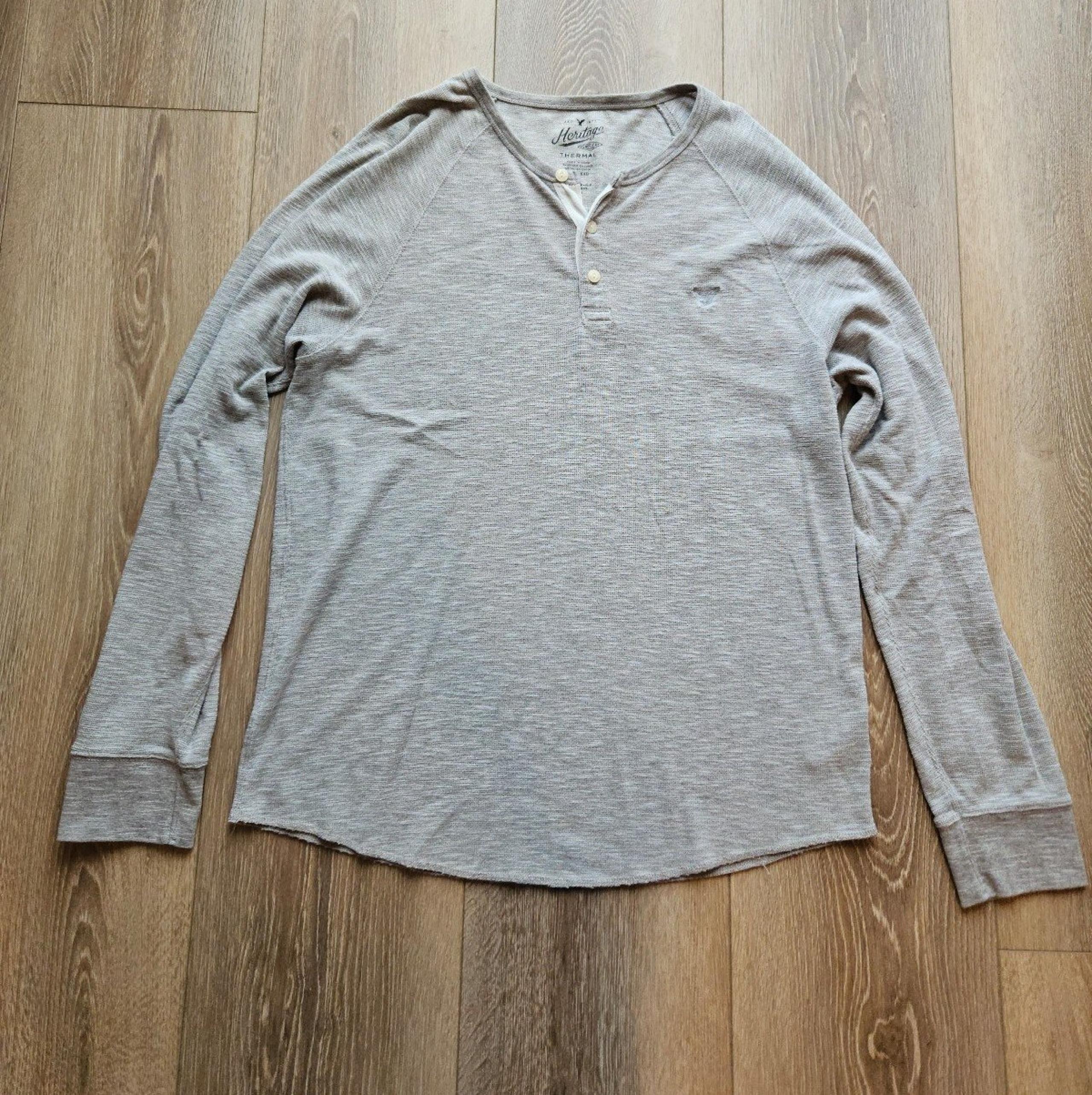 Men's American Eagle Cream Tan Gray Henley Buttoned Neck Long Sleeve Shirt XL