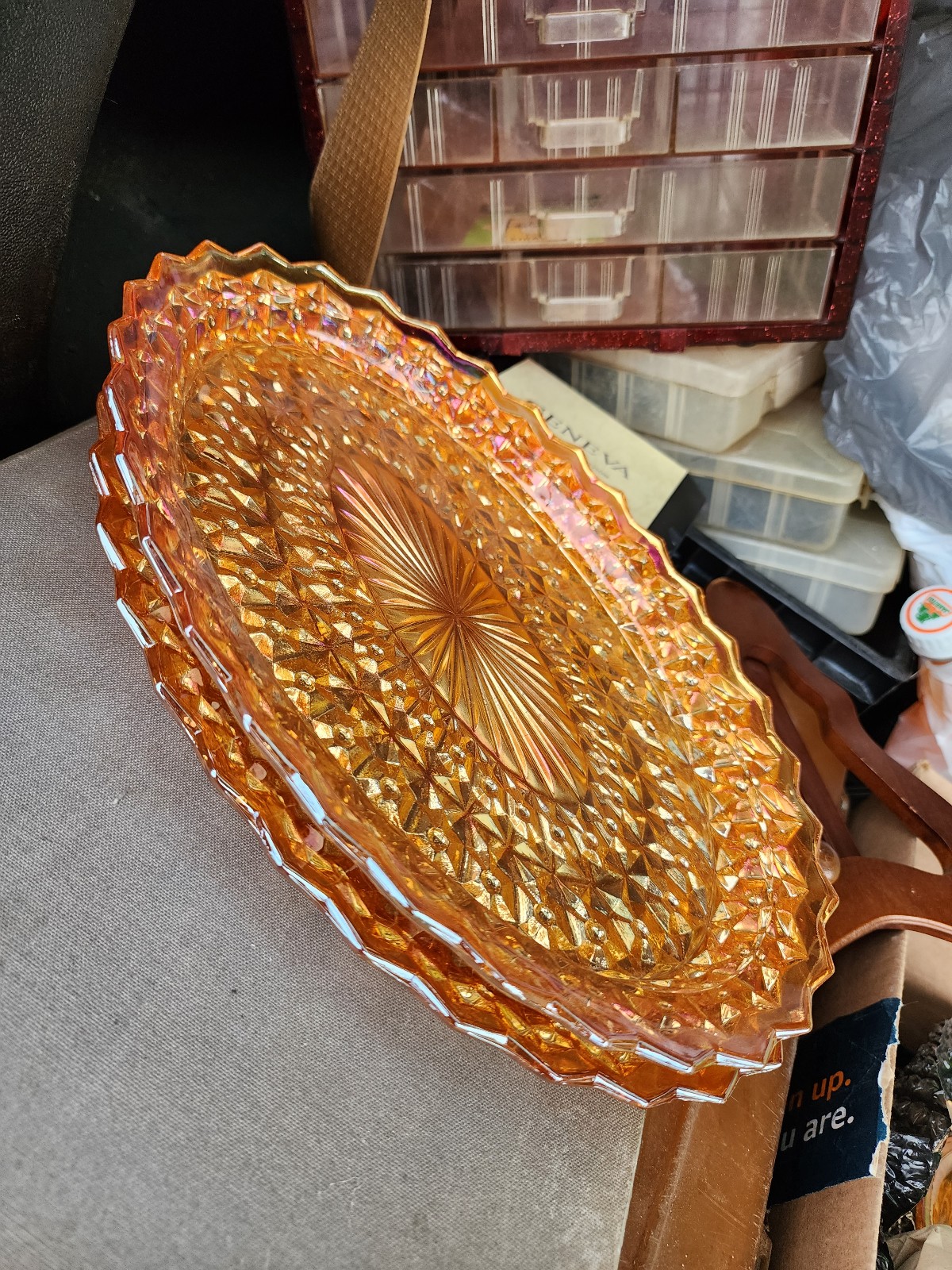 Vintage carnival glass platter with buttons and bows