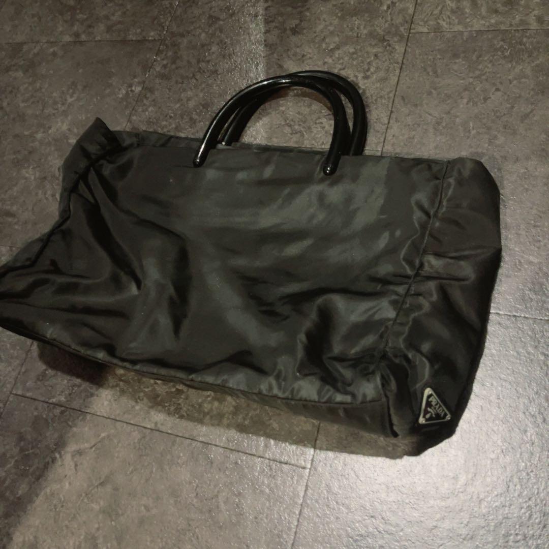 PRADA Logo Plate Nylon Tote Bag Handbag Black