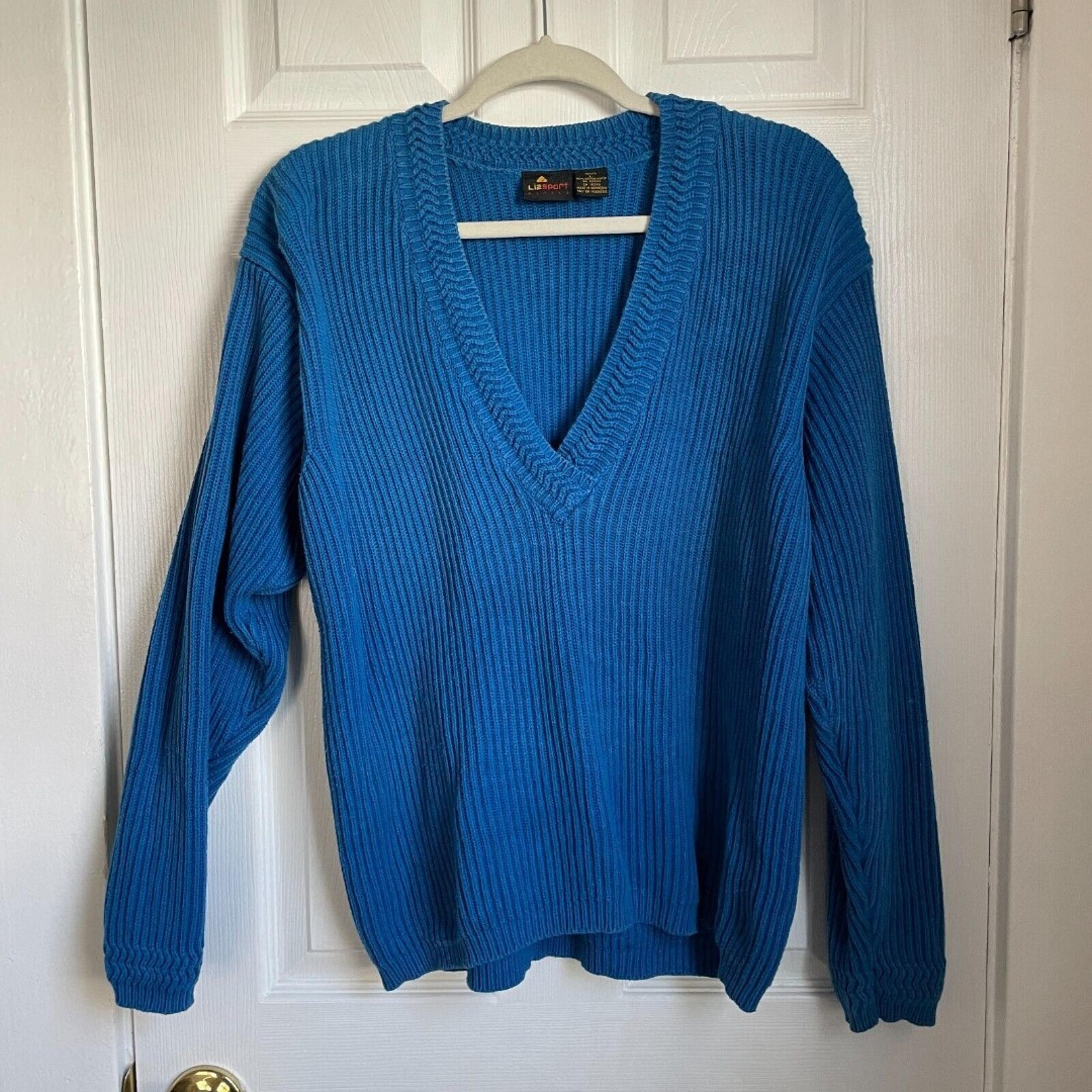 Vintage Liz Sport Claiborne Blue V neck knit Sweater Women's Size Petite Large