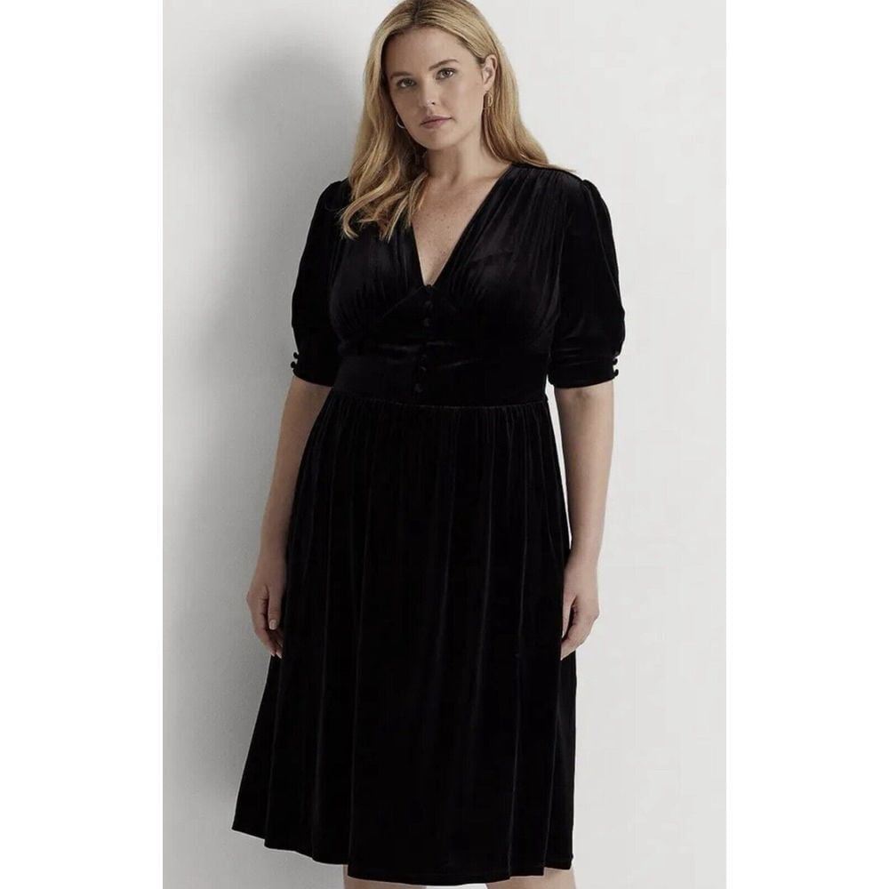 Lauren Ralph Lauren Black Velvet Midi Puff Sleeve Dress Plus Size 2X EUC