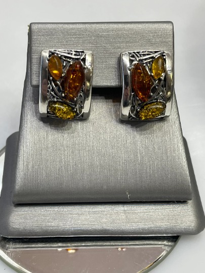 Sterling Silver Rectangular Pierced Earrings With Amber Gemstones