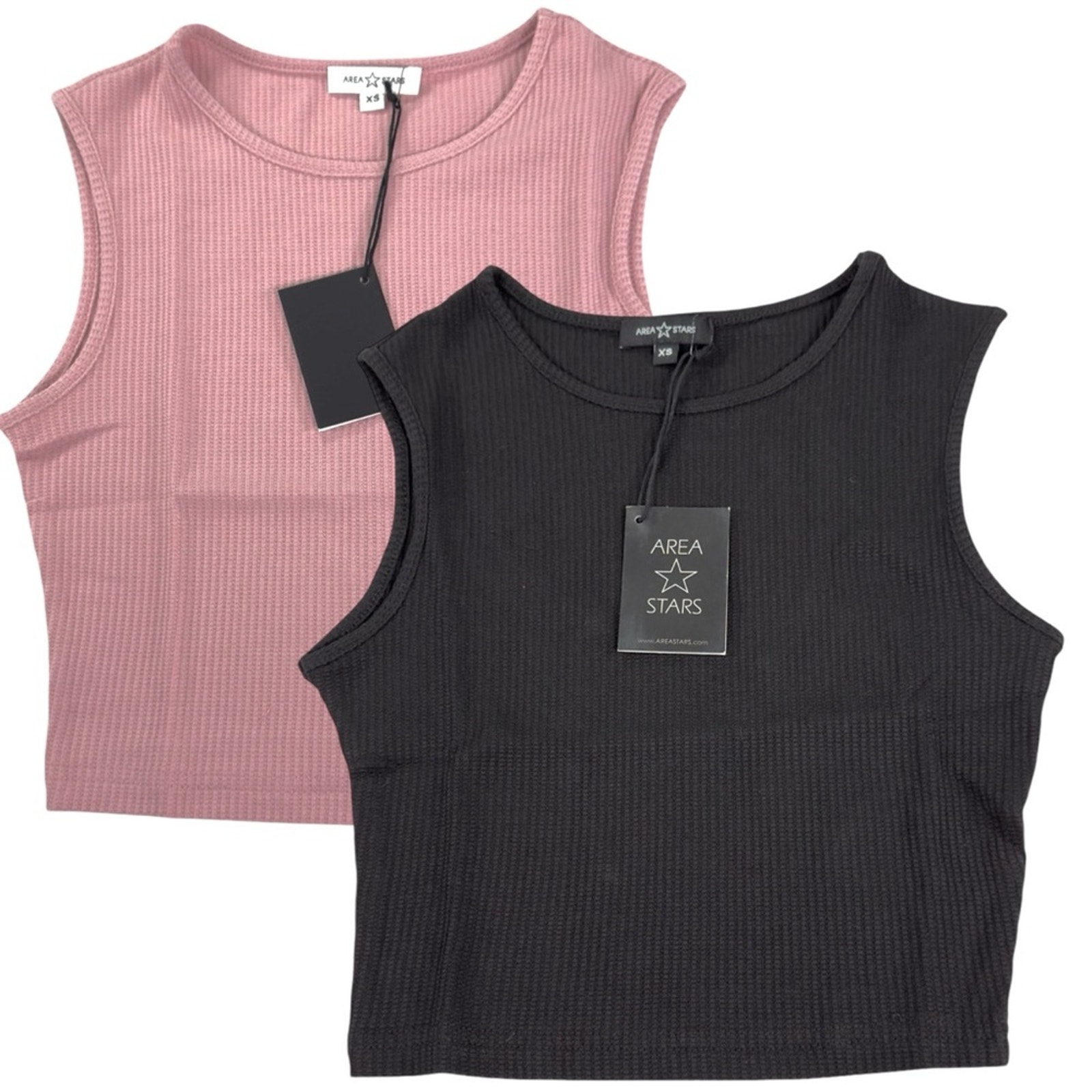 AREA STARS CROP WAFFLE TANK Lot Of 2 Mauve Black High Neck Layering Size XS NEW
