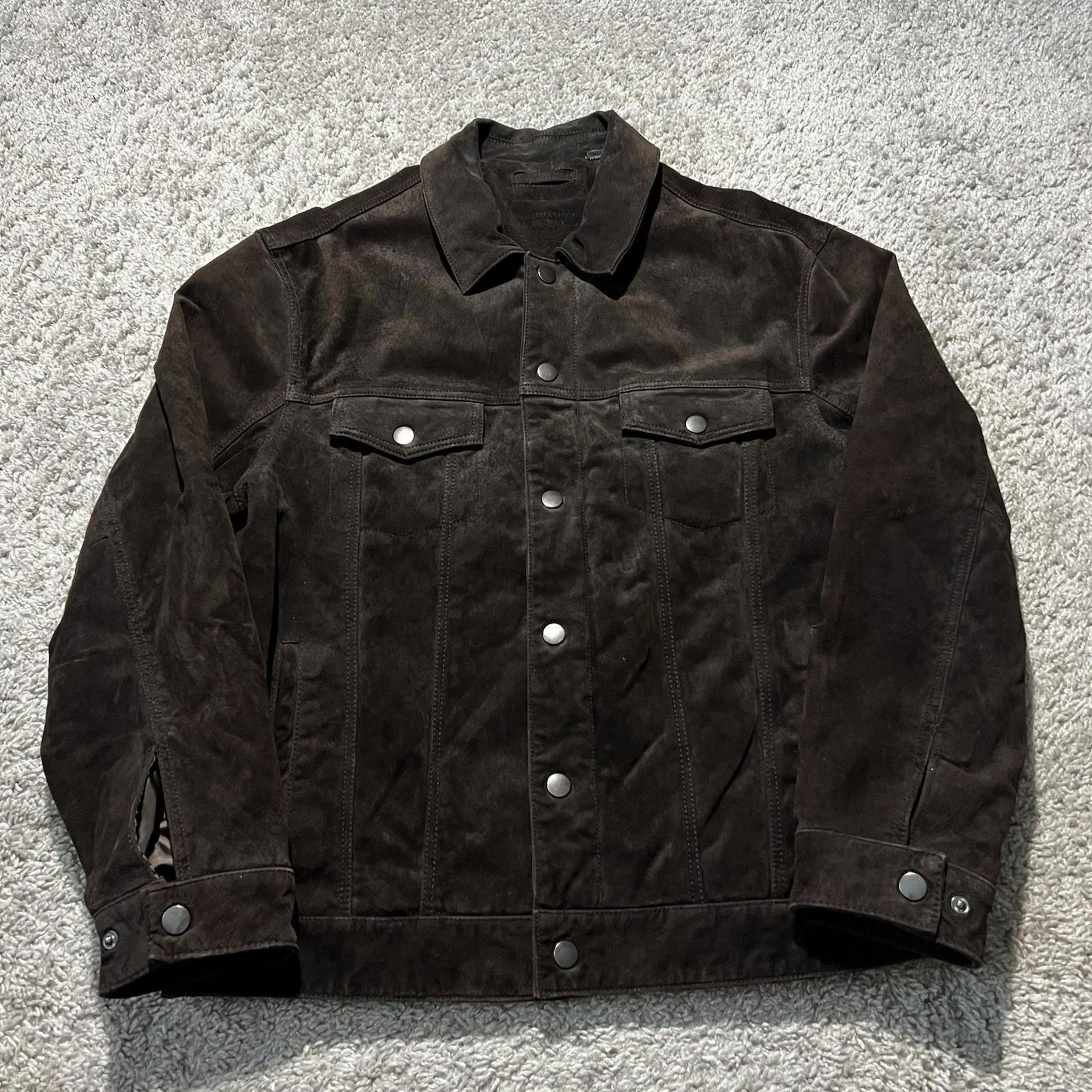 Roundtree Yorke Brown Suede Leather Trucker Jacket Mens Large Snap 90s Y2K