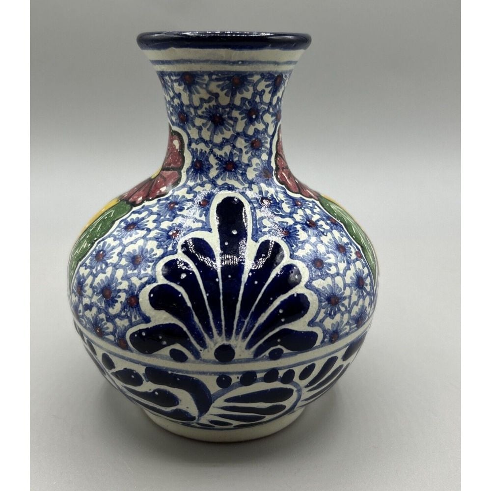 Talavera Pottery Hand Painted Vase Floral Design Signed AL PUE Mexico