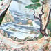 Mid century cotton skirt Asian style landscape summer gray green tan 24 waist S