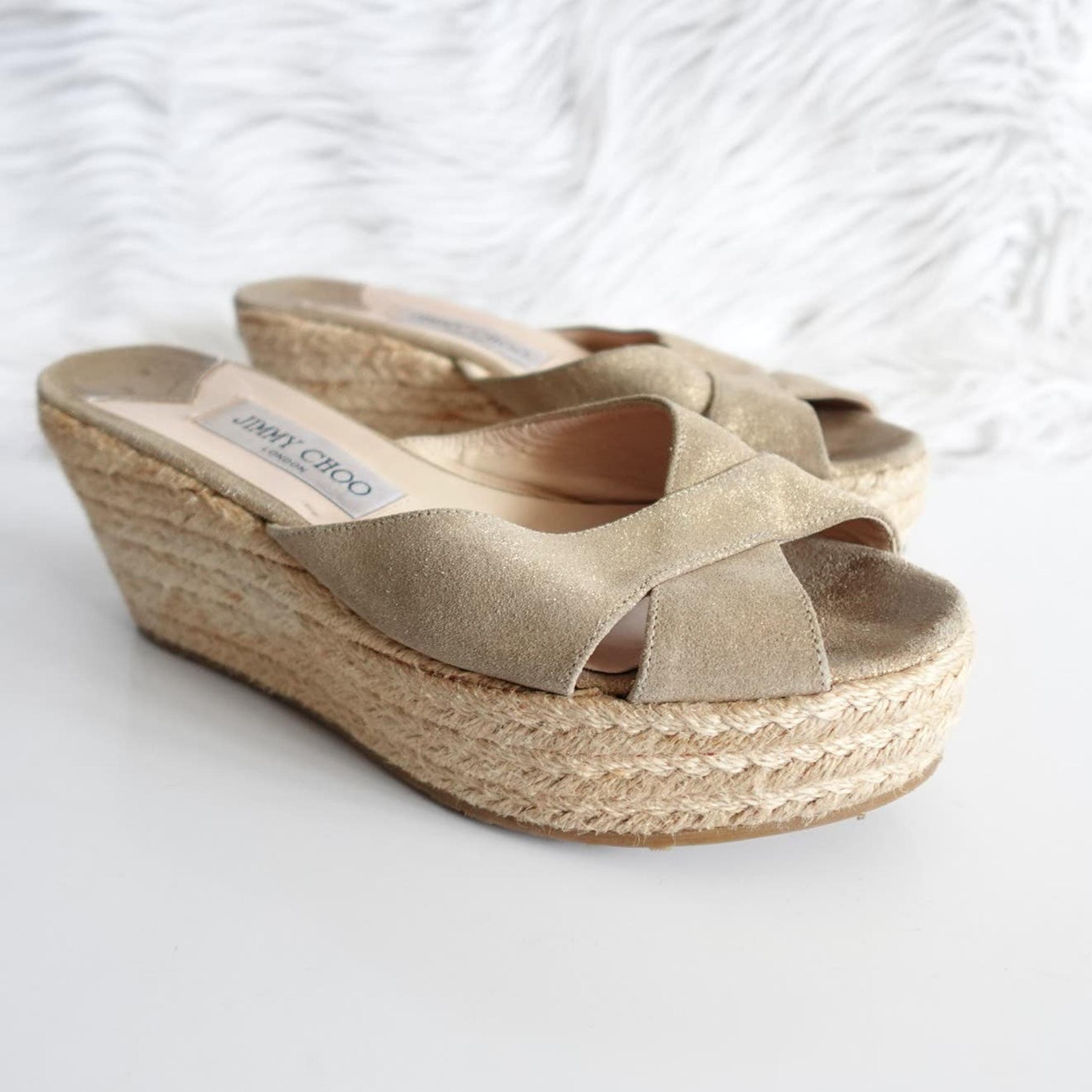 Jimmy Choo Paisley Beige Suede Criss Cross Slip-On Platform Sandal Wedges