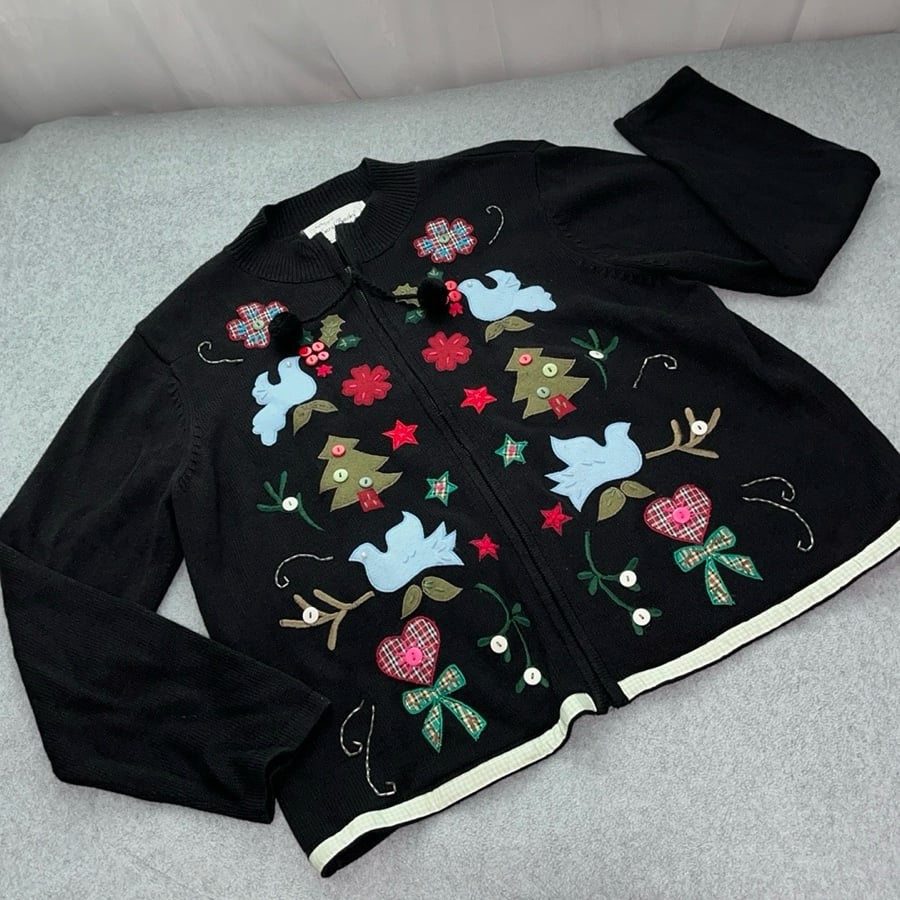 Vintage Sarah Bentley Christmas Cardigan Sweater XL Zipper Embroidered Grandma