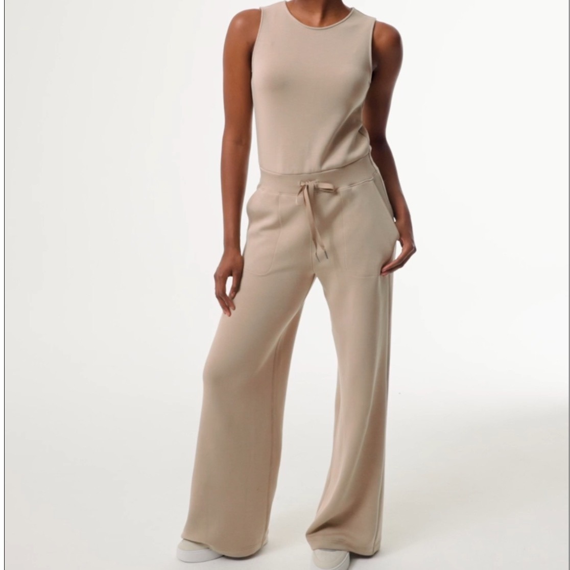 Spanx AirEssentials Sleeveless Jumpsuit Womens Plus Size 1X Beige Wide Leg