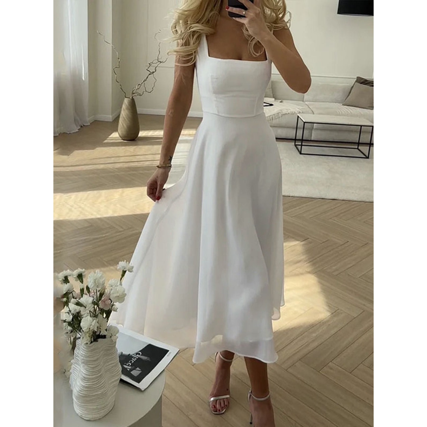 Commense White Midi Dress Square Neck Sleeveless Elegant Party Dress Size S