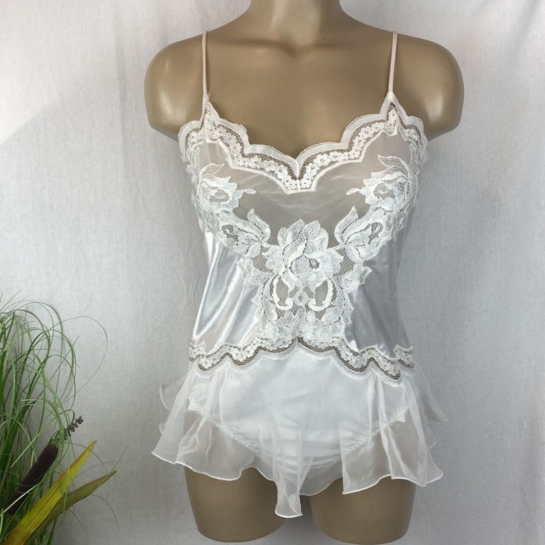 Natori White Satin & Lace Bodysuit Petite S