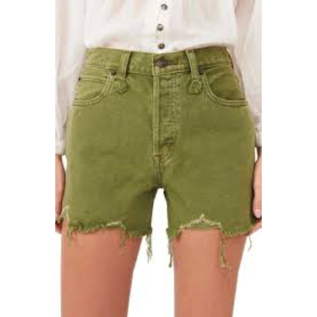 NWT Free People Makai Ripped Cutoff Denim Shorts, Olive, Size 26