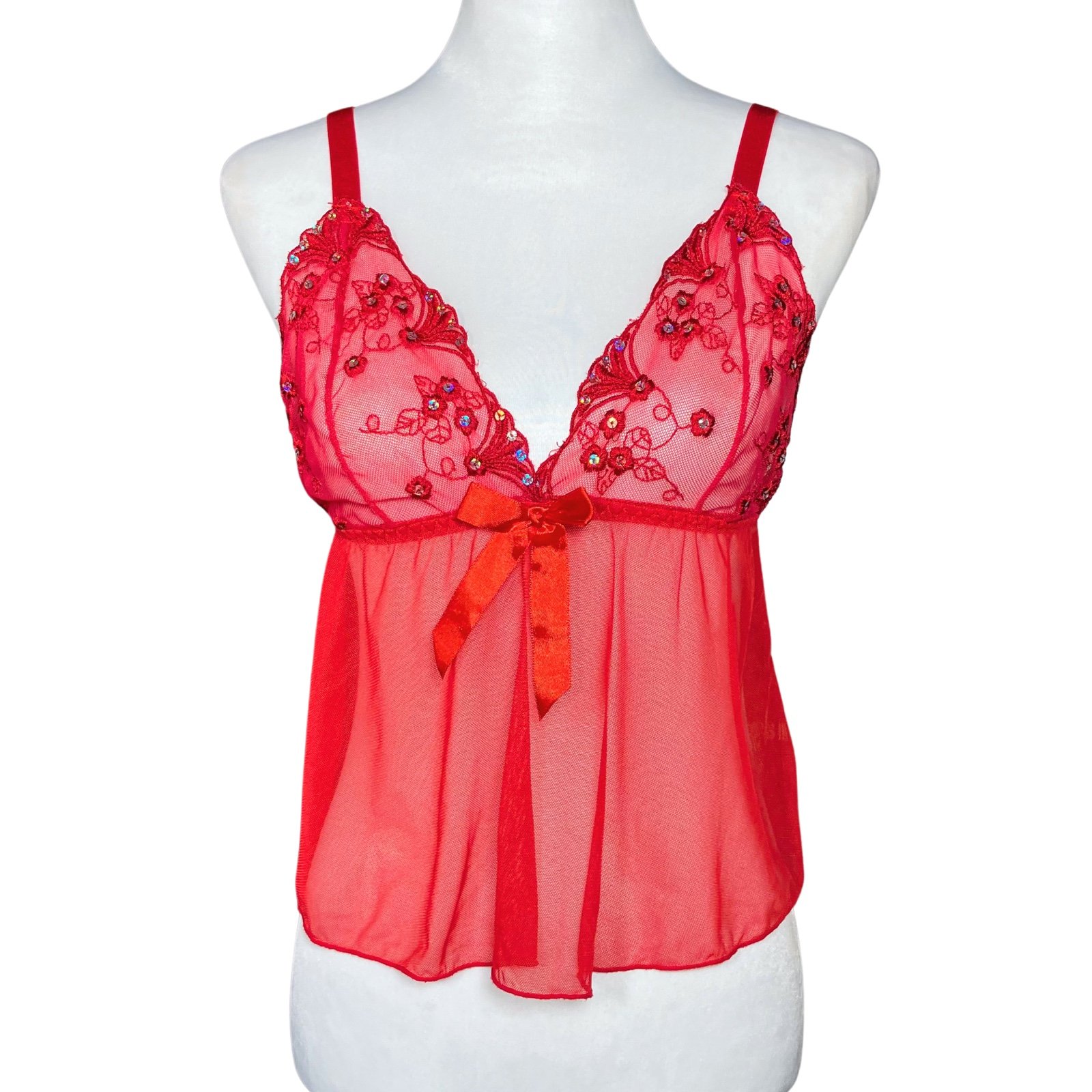 Vintage Y2K Sheer Red Sequin Cami S/M Lingerie Fairycore Babydoll Going Out Top