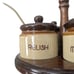 Vintage Stoneware Glazed Condiment Set Mustard Sauce Relish Ketchup Lazy Susan