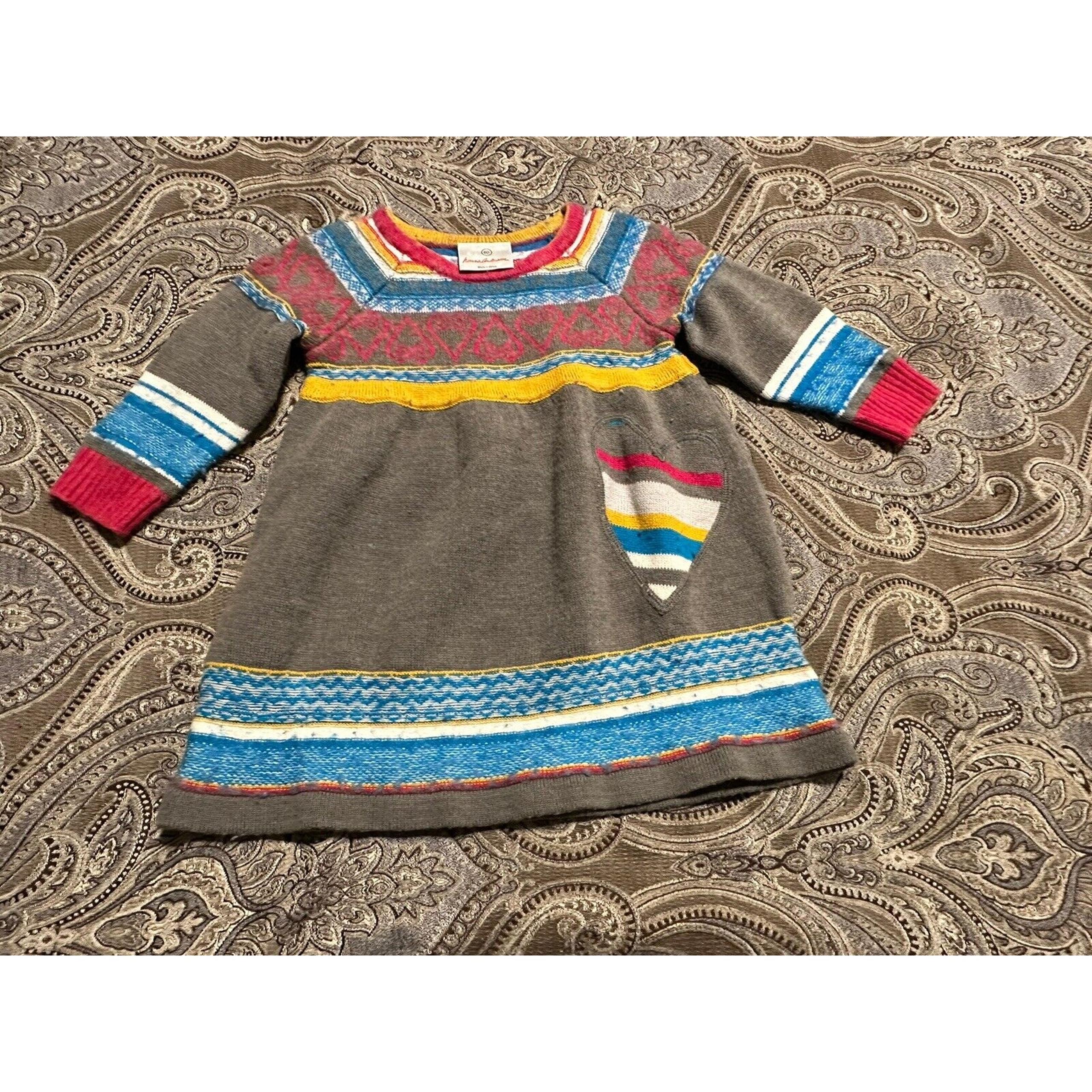 Hanna Andersson Nordic Sweater Dress Grey Pink Blue Yellow Hearts Size 80 2T