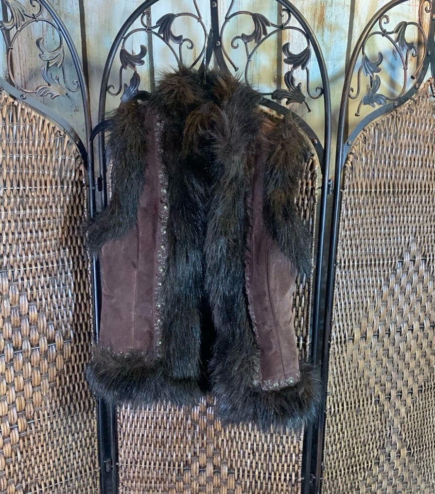Vintage Dark Brown Faux-Fur Embroidered-Trim Vest Size S
