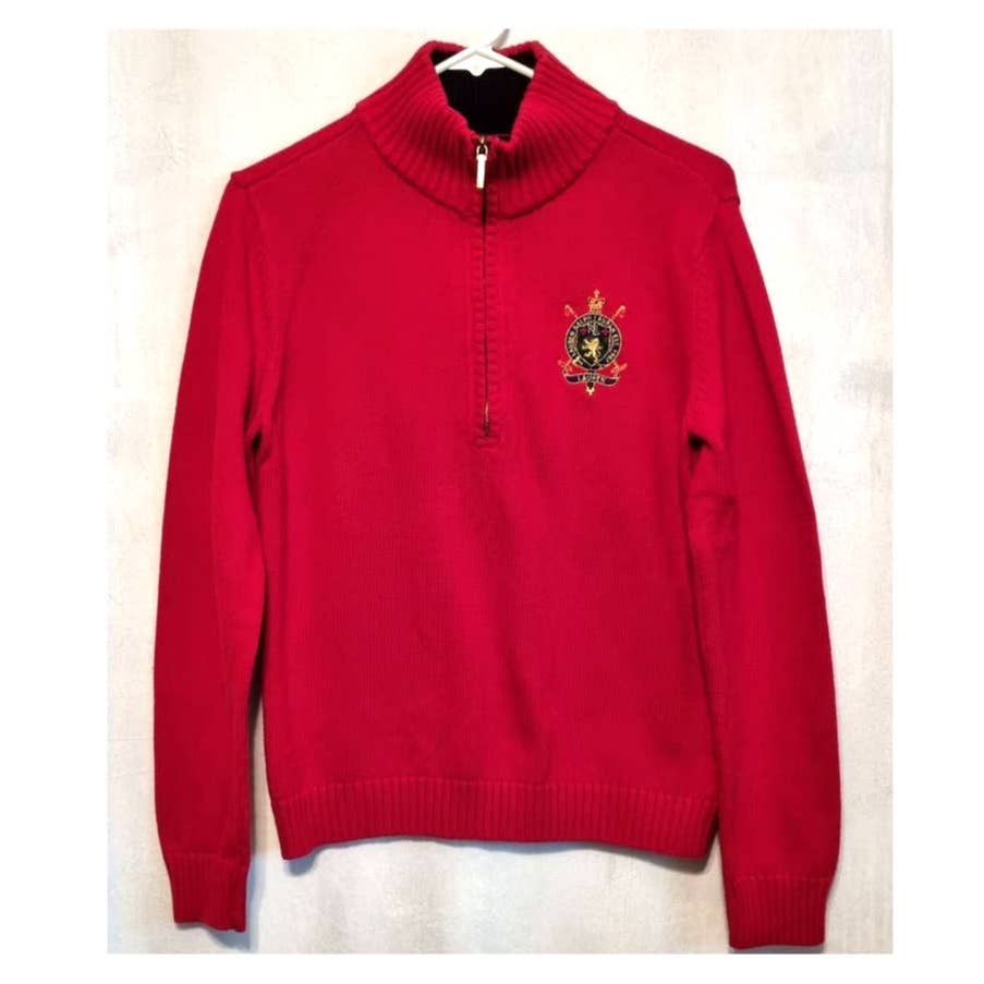 Lauren Ralph Lauren LRL Mock Neck 1/4 Zip Crest Embroidered Sweater Size Large