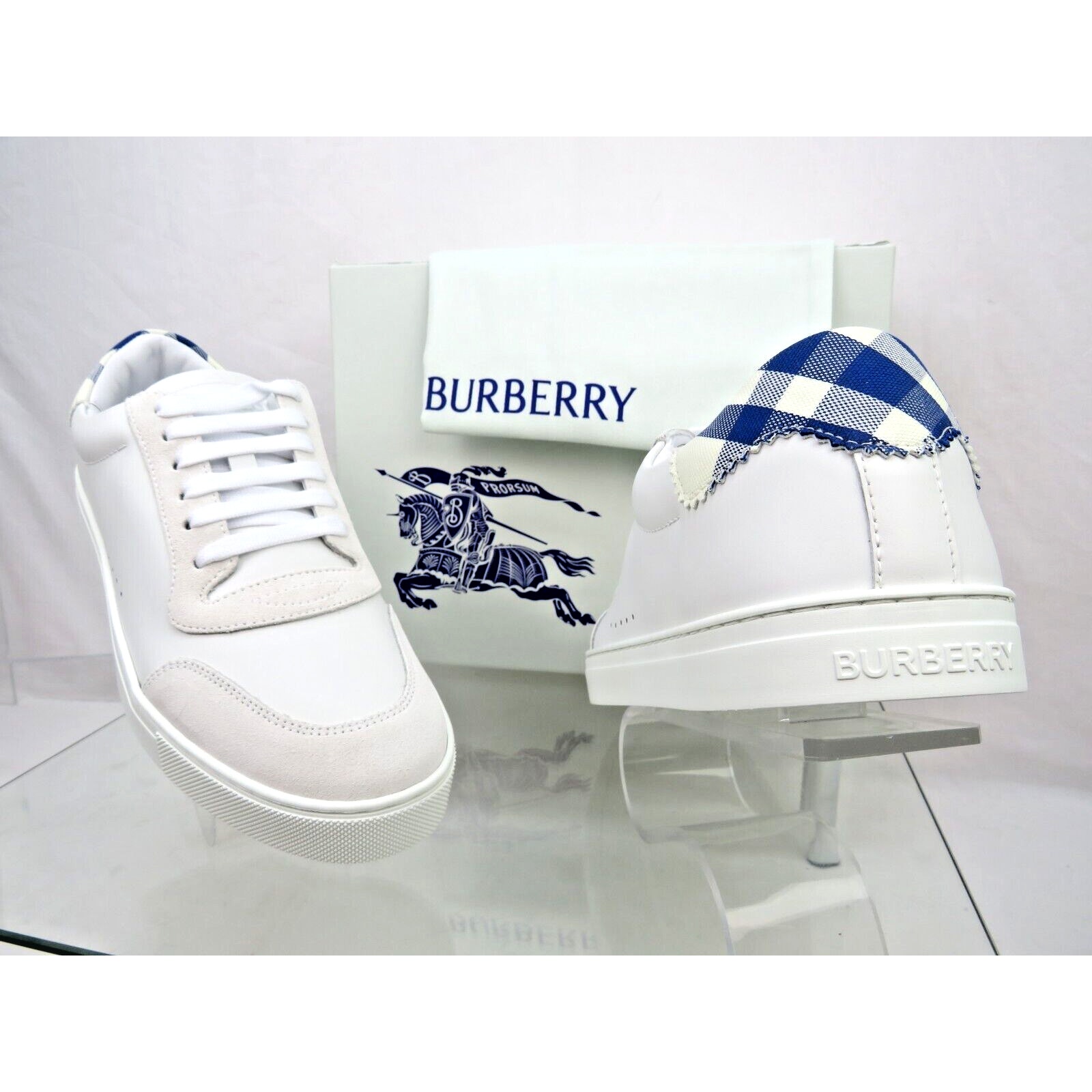 NIB BURBERRY ROBIN WHITE BLUE CHECK LEATHER LOW LOGO SNEAKERS US 11.5 44.5 IT