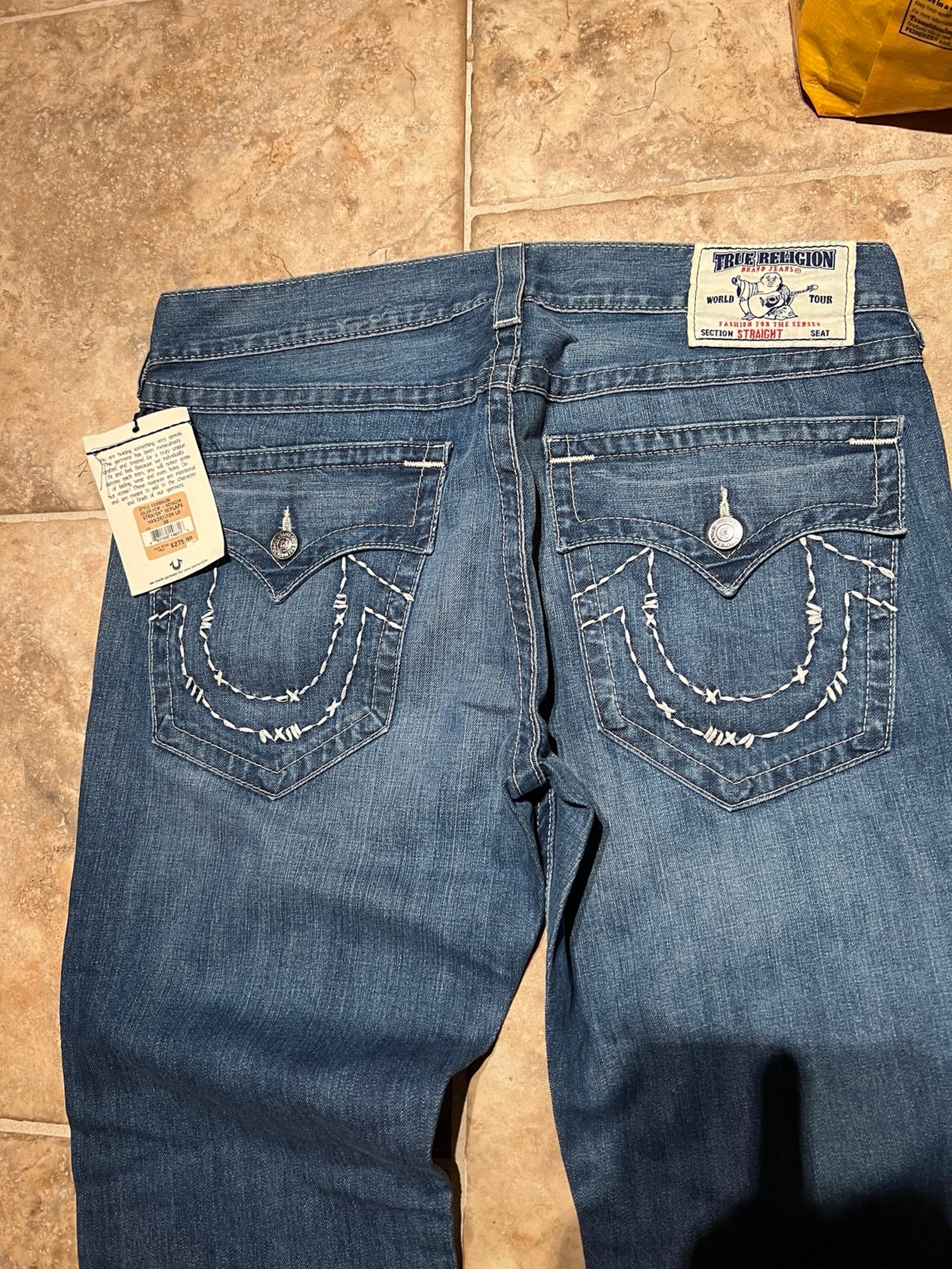 New True Religion 36x34 Men's Ricky Straight Leg Jeans Flap Pockets Voyager