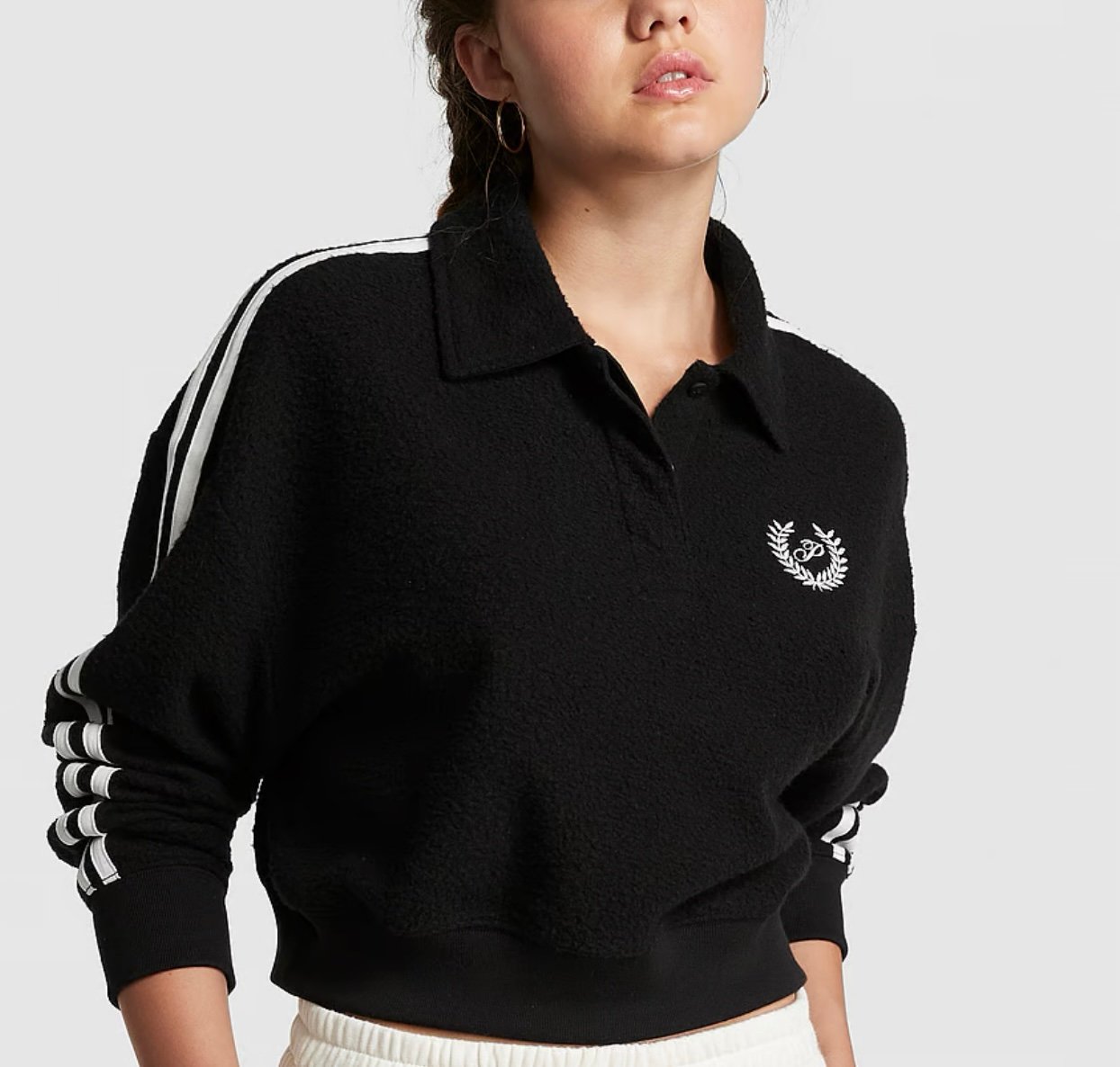 PINK REVERSE FLEECE CROPPED POLO SWEATSHIRT