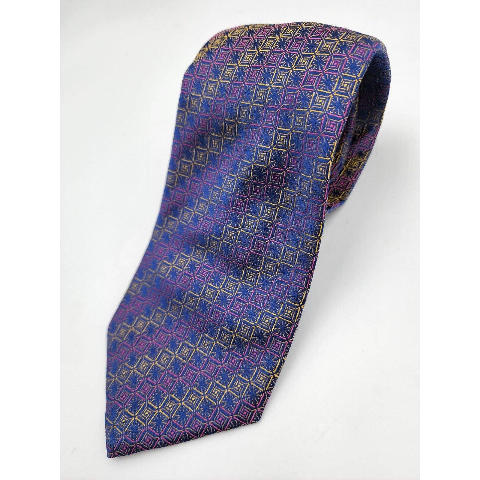 Faberge 100% Silk Necktie Made In Usa Geometric Purple Blue Yellow