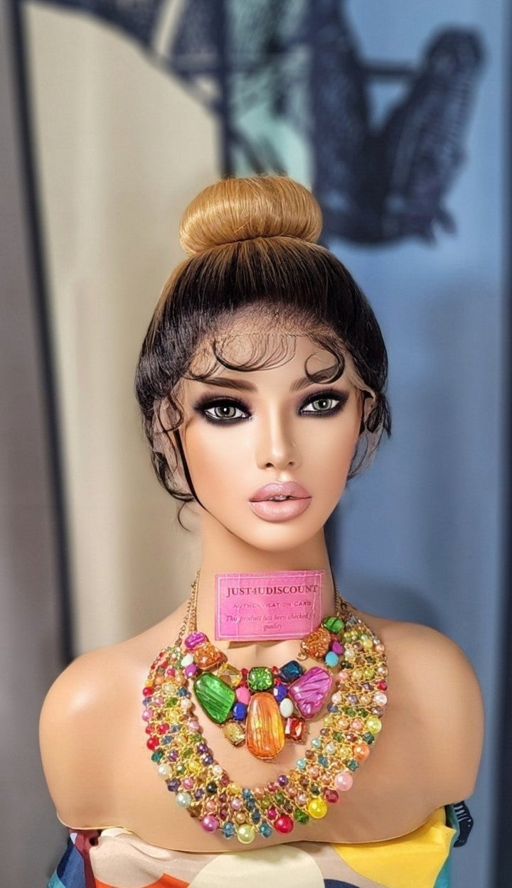 Wow factor celbrity honey Blonde black roots high bun prestyled h d lace wig