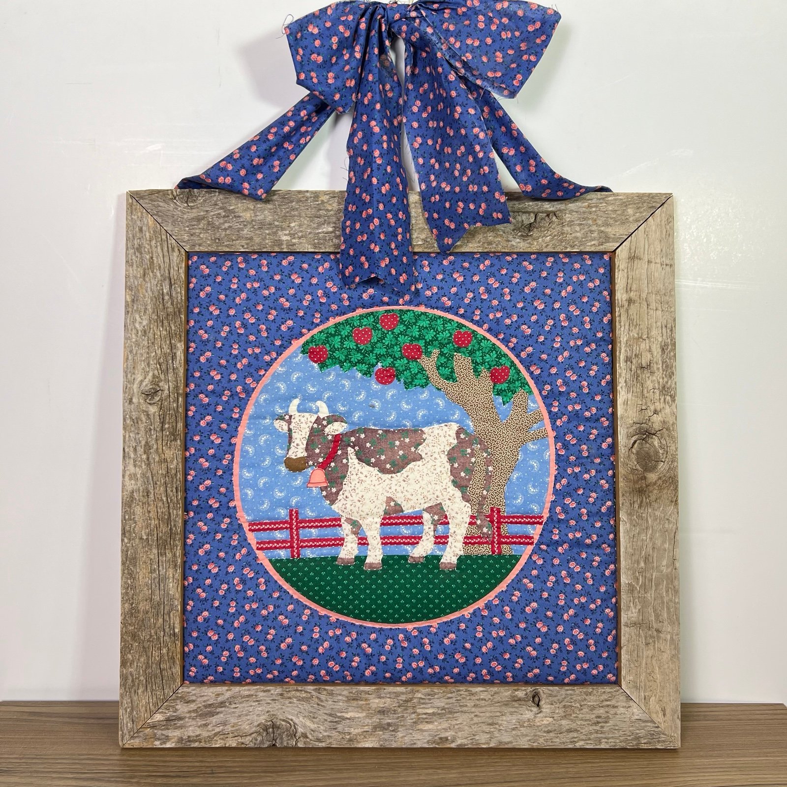 Vintage Country Farmhouse Fabric Framed Wall Art w/Bow Rustic Barnwood Frame