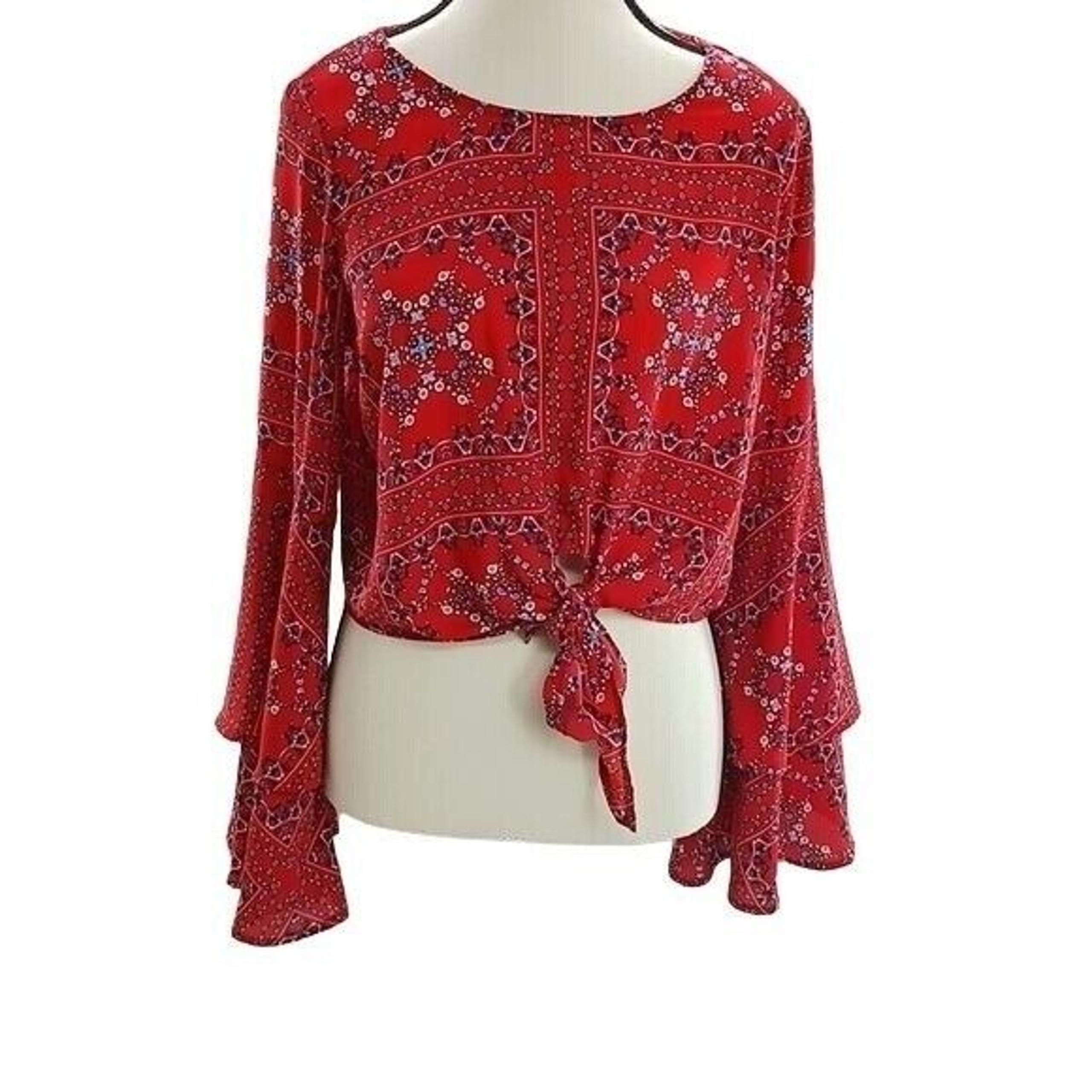 Altar'd State Blouse Red Floral Front Tie Bell Sleeve Womens Size XS