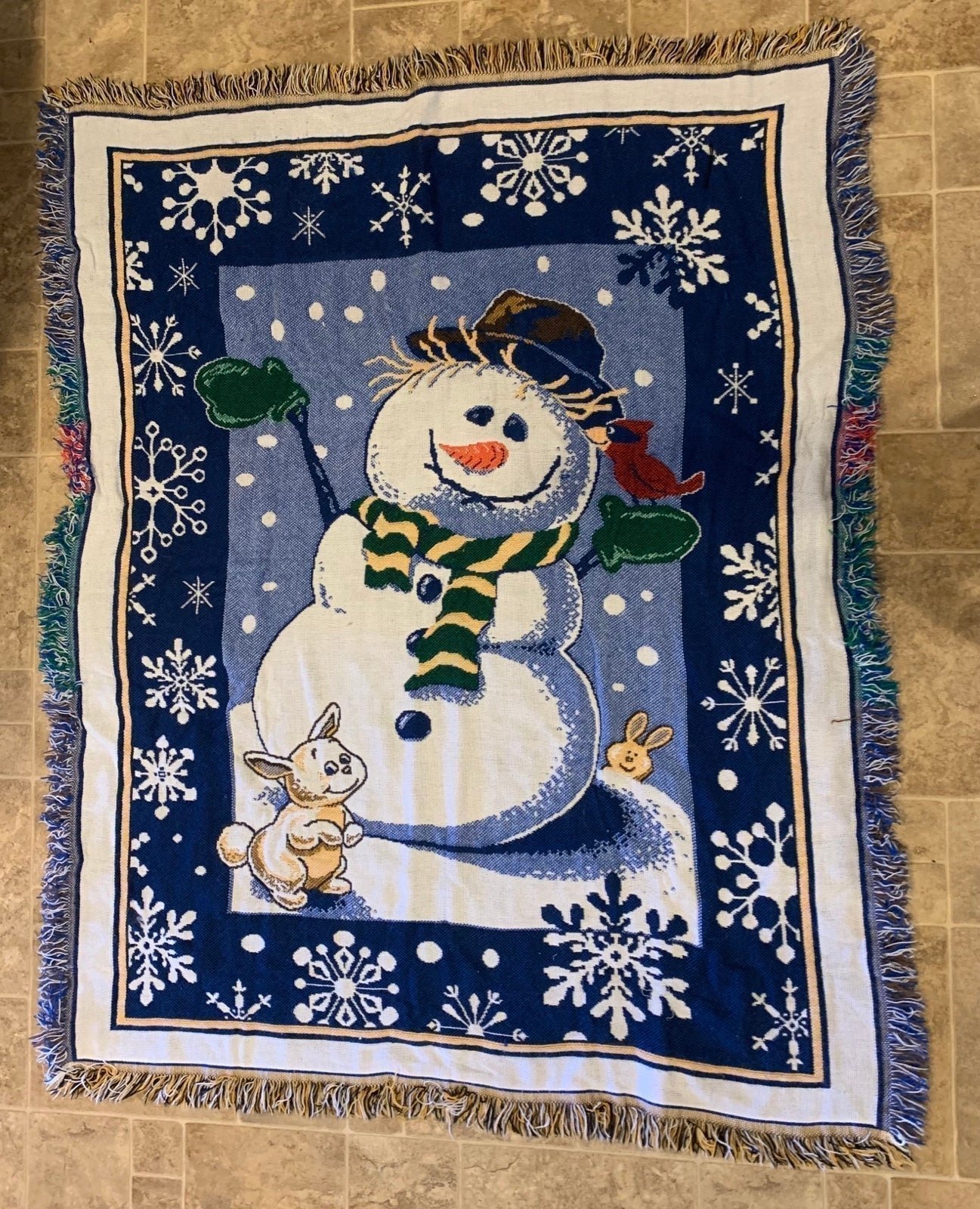Hallmark Snowman W/Bunny and Red Cardinal Throw Blanket/ Tapestry 56x46 Fringed