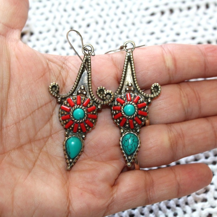 Sterling Silver 925 Turquoise and Coral Stones Handmade Earrings 16.2 oz heavy