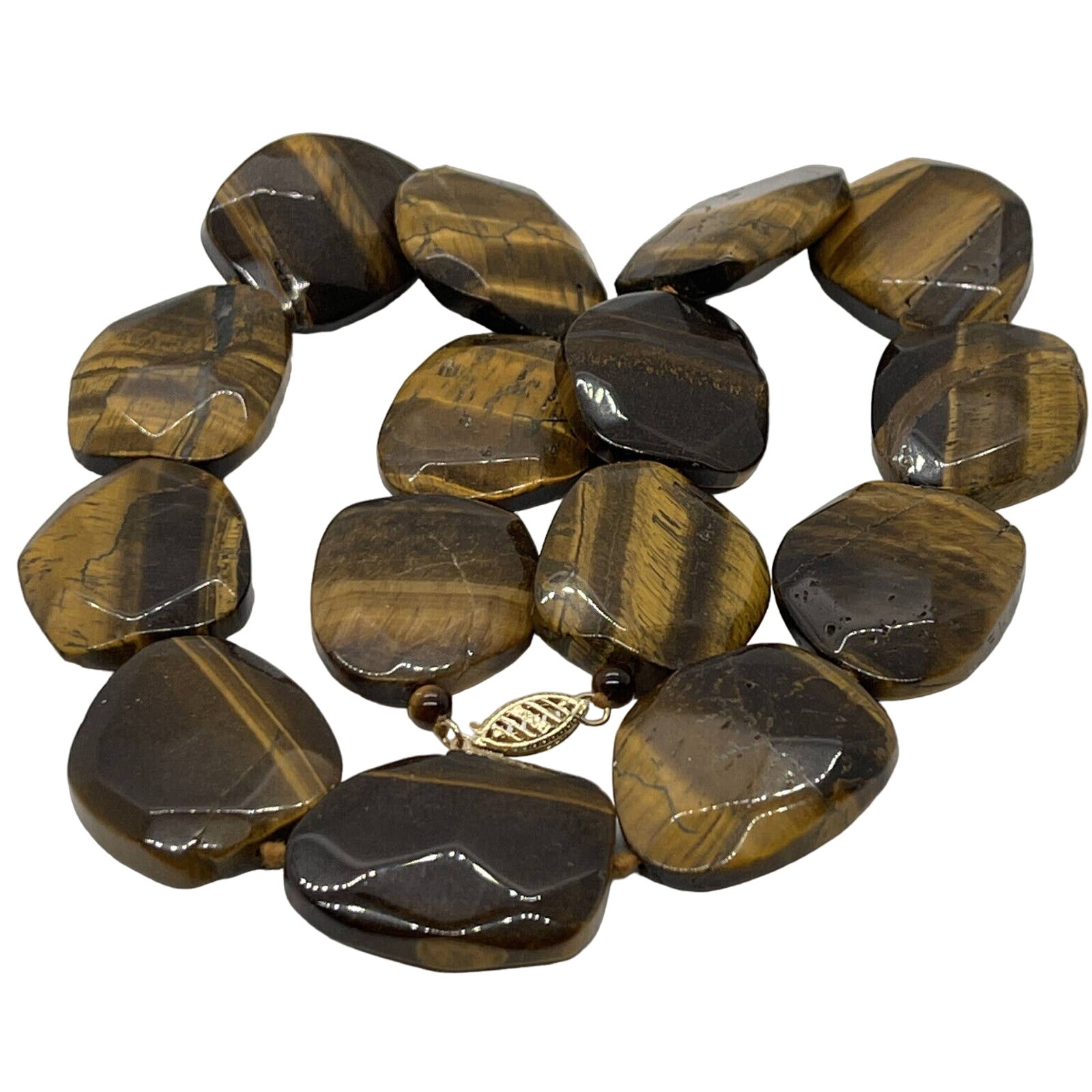 GSJ Signed 14k Gold Tigers Eye Necklace Chunk Stone Heavy Statement 18” Strand