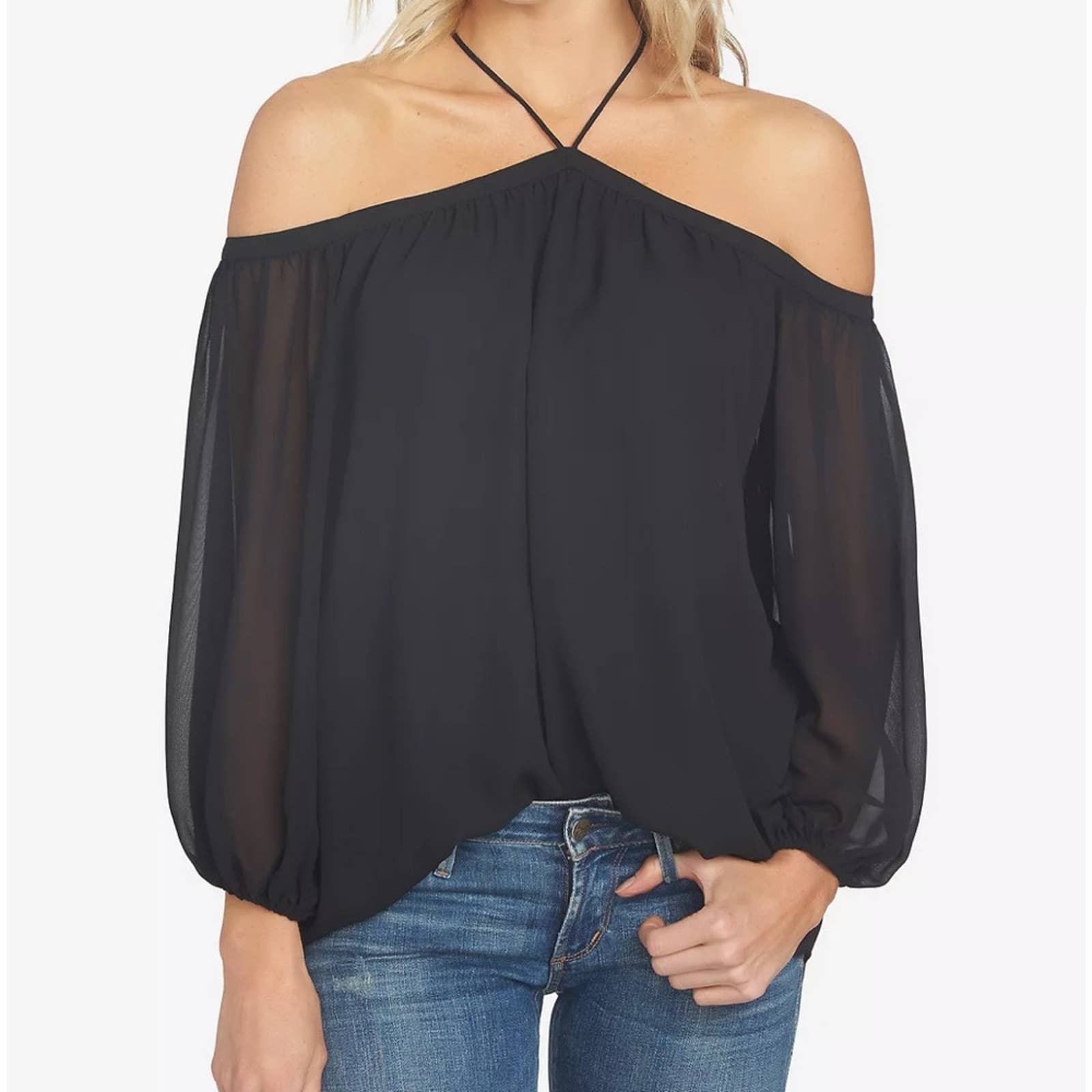 NWT 1. State Off The Shoulder Halter Neck Long Sleeve Black Blouse XS