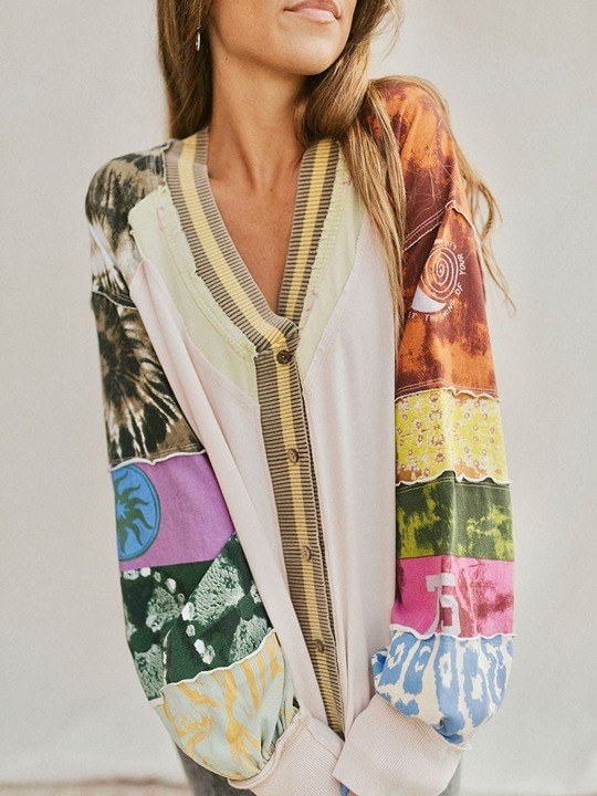 Free People Marley Tee Mix Print Top Oversized Womens S Winter Wheat Combo